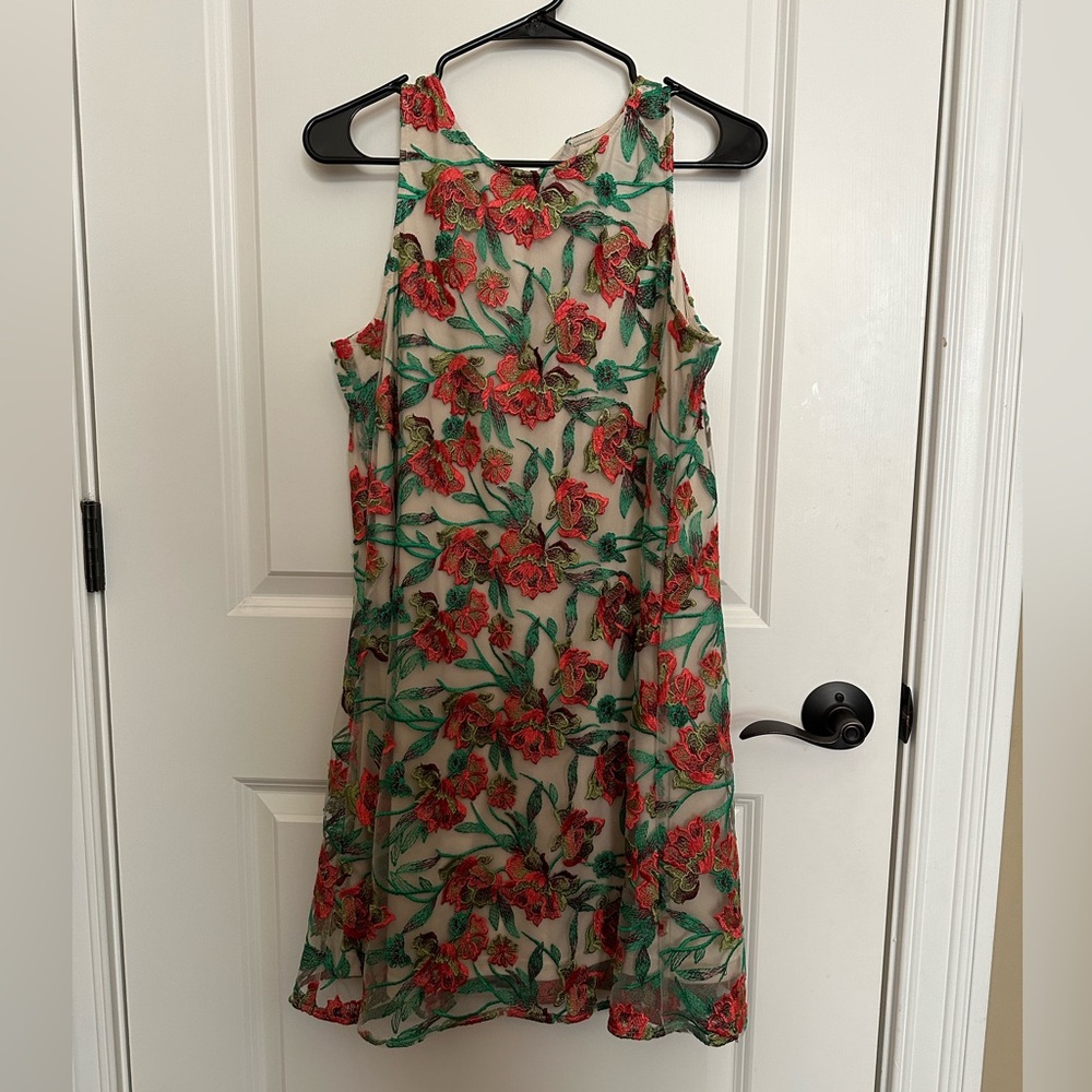 Beige by Eci dress. Floral beige green and orange. Medium.